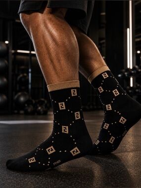Fendi Black & Tan Logo Pattern Crew Socks